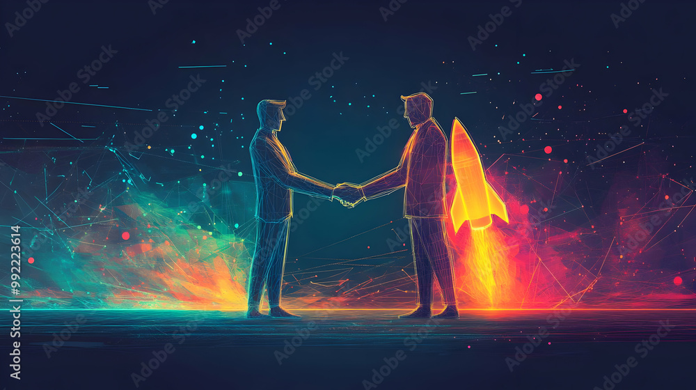 Two Businessmen Shake Hands With a Rocket Behind One of Them to Launch a Successful Venture, Animated Two Businessmen Shake Hands With a Rocket Behind One of Them to Launch a Successful Venture, Animated