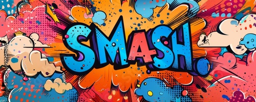 Playful pop art background featuring "SMASH." Dynamic visuals, Comic book elements, Bright vector