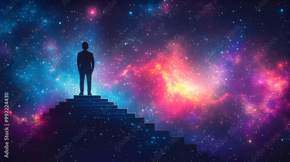 Silhouette of a Person Standing on Stairs Looking Up at the Night Sky Full of Stars and a Galaxy - Abstract Background Animation Silhouette of a Person Standing on Stairs Looking Up at the Night Sky Full of Stars and a Galaxy - Abstract Background Animation