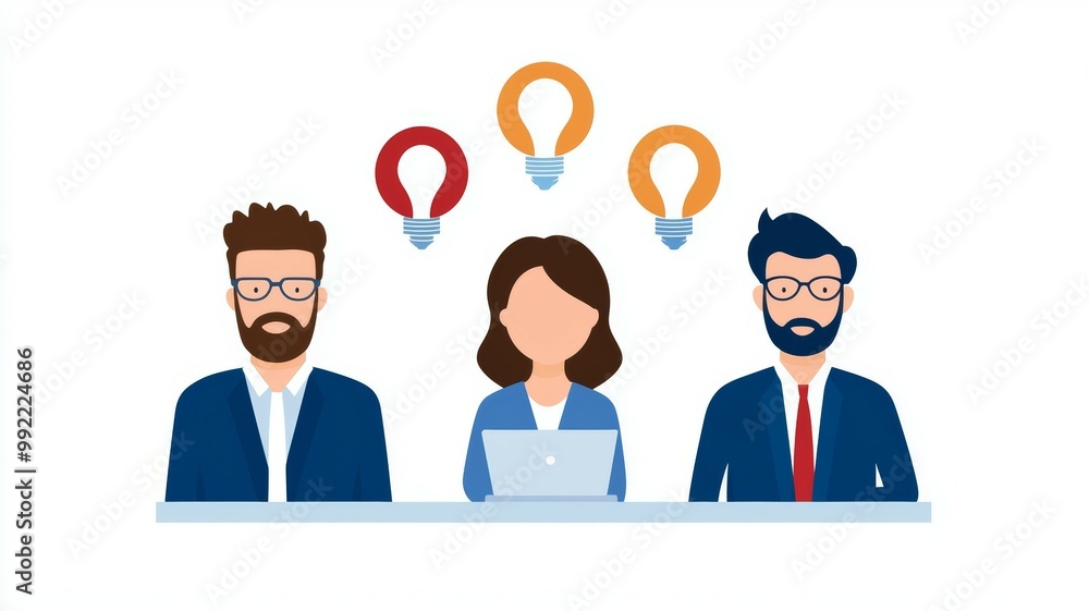 Three people are sitting at a table with a laptop in front of them Three people are sitting at a table with a laptop in front of them