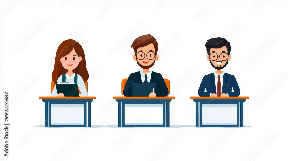 Three people are sitting at desks with laptops Three people are sitting at desks with laptops