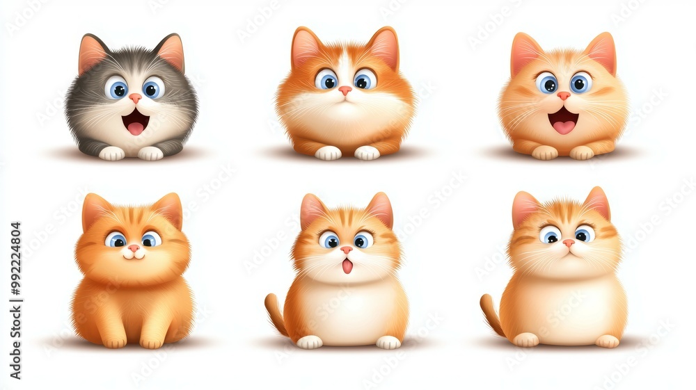 The image is a set of six cartoon cat faces, each with a different expression The image is a set of six cartoon cat faces, each with a different expression