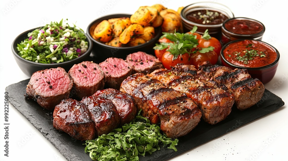 Grilled Steak with Roasted Potatoes, Salad, and Sauces Grilled Steak with Roasted Potatoes, Salad, and Sauces
