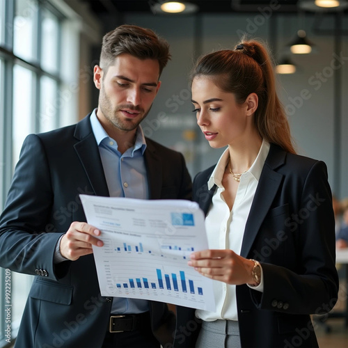 A businessman and a businesswoman engage in a discussion while reading a financial report together. Young business professionals working togeprofessionals working together in a modern finance company.