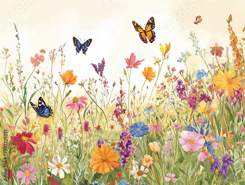 A hand-drawn meadow filled with wildflowers and butterflies