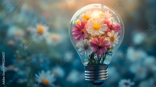 A light bulb filled with blooming flowers, glowing softly to show growth in creativity photo