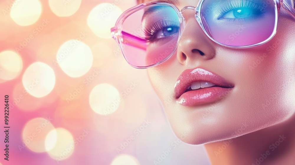 A woman with pink glasses and pink lips A woman with pink glasses and pink lips