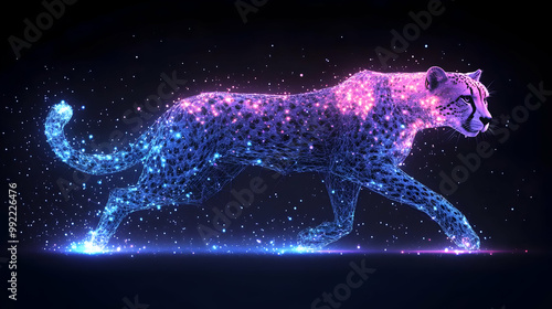 Abstract Cheetah Running With Glowing Lines and Stars, Neon Pink and Blue Color Palette, Looping Animation, Abstract Background, Geometric Cheetah