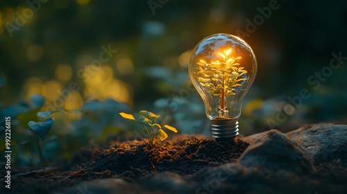 A light bulb planted in soil with a small tree flourishing inside, blending the concept of growth and innovation, sleek flat design in soft colors photo