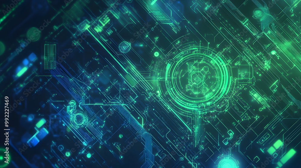 Abstract Green and Blue Circuit Board Pattern with Glowing Lines and Circles Abstract Green and Blue Circuit Board Pattern with Glowing Lines and Circles