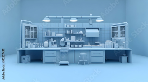 Laboratory Workbench with Equipment and Supplies in Minimalist Blue 3D Render