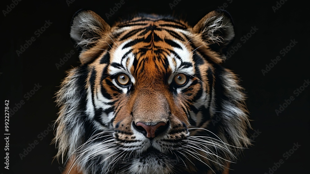 Close-up of a Tiger's Face with Intense Gaze Close-up of a Tiger's Face with Intense Gaze