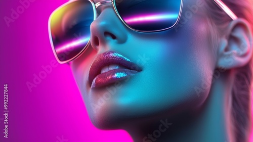 A woman with blue hair and purple eyes is wearing sunglasses