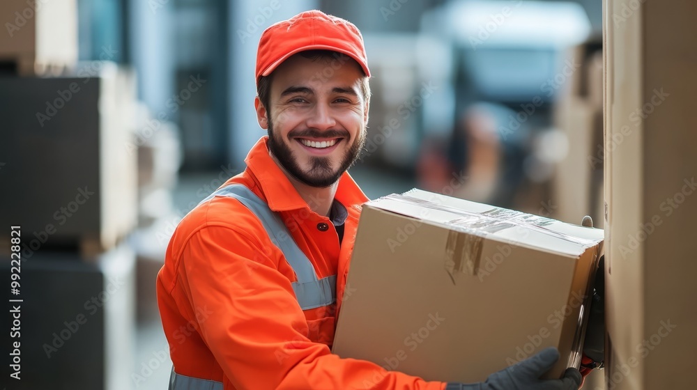 Delivery Worker Holding a Box in a Warehouse Delivery Worker Holding a Box in a Warehouse