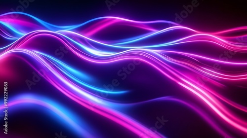 Abstract Purple and Blue Neon Light Waves on a Black Background