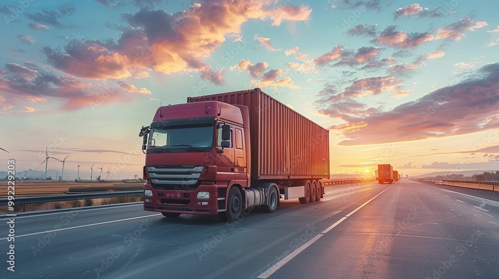 Red Semi-Truck Driving on Highway at Sunset with Wind Turbines in Background Red Semi-Truck Driving on Highway at Sunset with Wind Turbines in Background