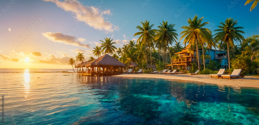 Naklejka premium AI-generated images of a luxury tropical resort, A serene beach with golden sands, azure waters, lush palm trees, vibrant local culture, adventure, relaxation, and cherished memories await tourists