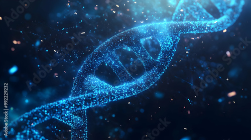 Abstract DNA Double Helix Structure With Particles in Blue Color