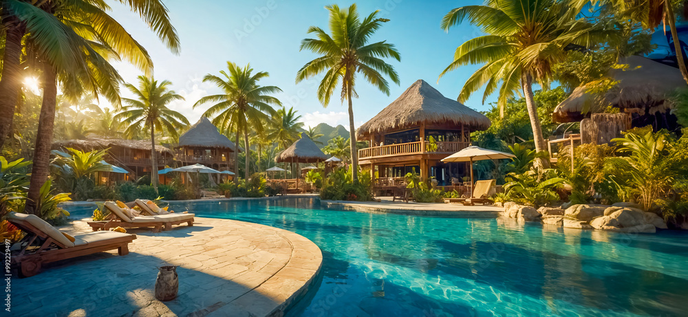 Fototapeta premium AI-generated images of a luxury tropical resort, A serene beach with golden sands, azure waters, lush palm trees, vibrant local culture, adventure, relaxation, and cherished memories await tourists