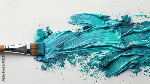 Teal Paint Brush Stroke and Splashes on White Surface photo