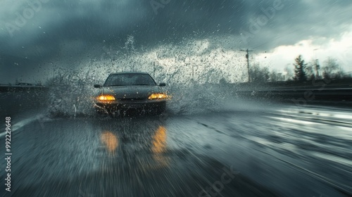 A car driving through a rainstorm on a highway, with water splashing up from the road and dark clouds in the sky.