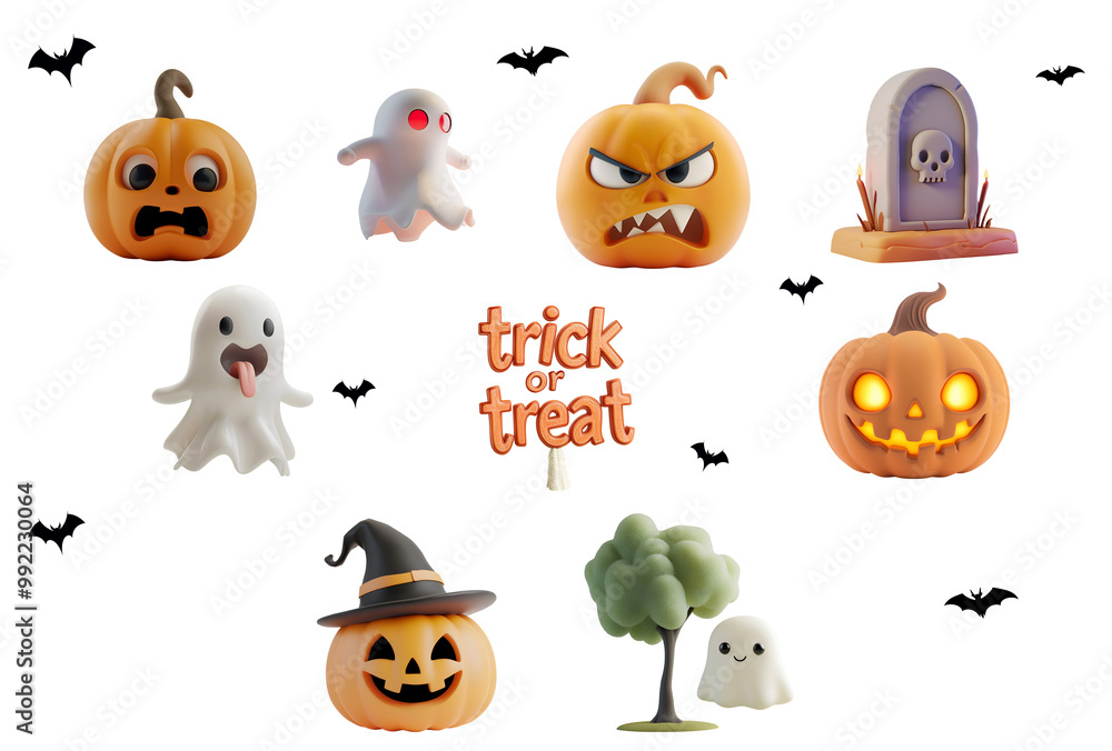 Obraz premium Set Collection of Halloween Ghosts and Pumpkins: 3D Cartoon Illustration and Graphic Elements for Halloween Parties, Isolated on Transparent Background, PNG