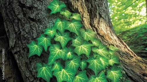 Sunlight filters through lush green leaves on a tree trunk, creating a beautiful natural pattern.