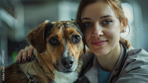 A Woman Smiling with Her Dog Looking Directly at the Camera photo