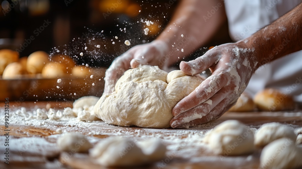 Closeup of hands kneading dough in an artisanal bakery. Hands work the dough on a wooden surface, flour dust flying in sunlight. Closeup of hands kneading dough in an artisanal bakery. Hands work the dough on a wooden surface, flour dust flying in sunlight.