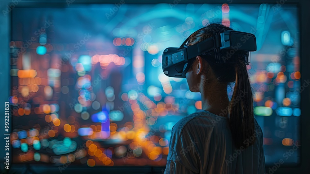 Woman wearing a VR headset looking at a city lights display Woman wearing a VR headset looking at a city lights display