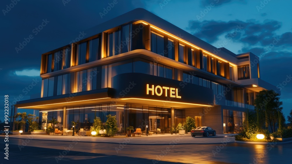 A modern luxury hotel building with an illuminated A modern luxury hotel building with an illuminated