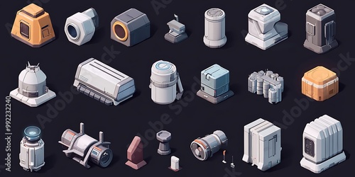 Fototapeta Naklejka Na Ścianę i Meble -  Sci fi game assets, isometric, futuristic buildings, structures, tech icons set for game development and ui design
