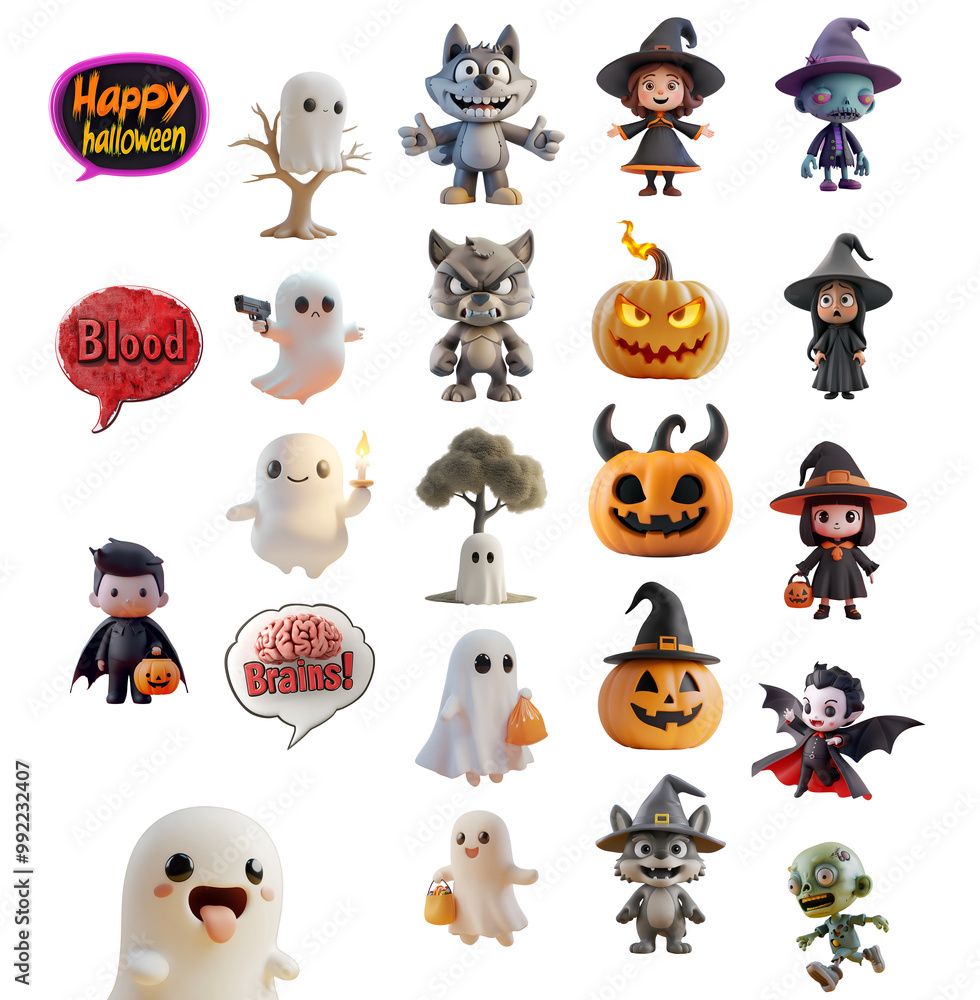 Obraz premium Various Styles of 3D Cartoon Halloween Illustrations: Mega Set Collection of Ghost, Pumpkin, Witch, and Vampire, Isolated on Transparent Background, PNG