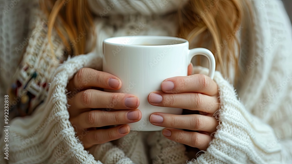 Woman's Hands Holding a White Mug in a Cozy Knit Sweater Woman's Hands Holding a White Mug in a Cozy Knit Sweater