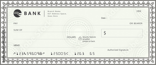 Blank bank check, checkbook cheque template with green guilloche, vector mockup. Bank payment check or money voucher and cash pay check certificate, dollar bill paycheck with guilloche pattern