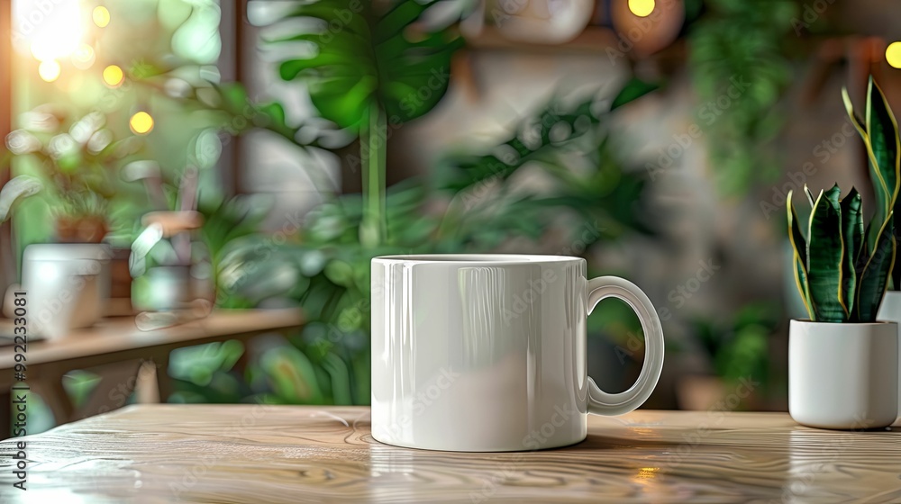 White Mug on Wooden Table with Blurred Green Plants in the Background White Mug on Wooden Table with Blurred Green Plants in the Background