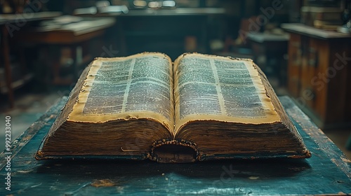 Antique Open Book on Rustic Wooden Table