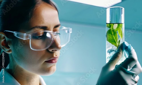 female scientist examining test tube with plant in lab
