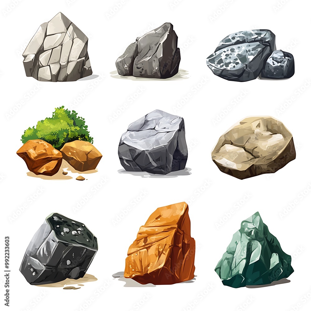 Collection of Different Types of Rocks, Realistic Illustration Stock ...