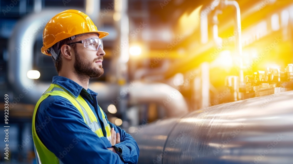 A man in a yellow helmet and safety vest stands in front of a large pipe A man in a yellow helmet and safety vest stands in front of a large pipe