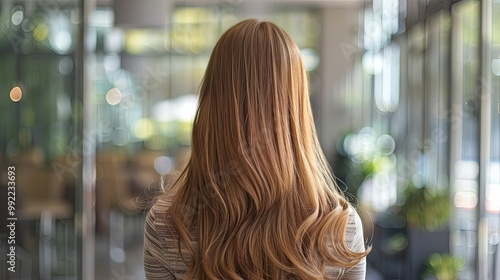 Woman with Long Brown Hair Standing in Front of Glass Doors