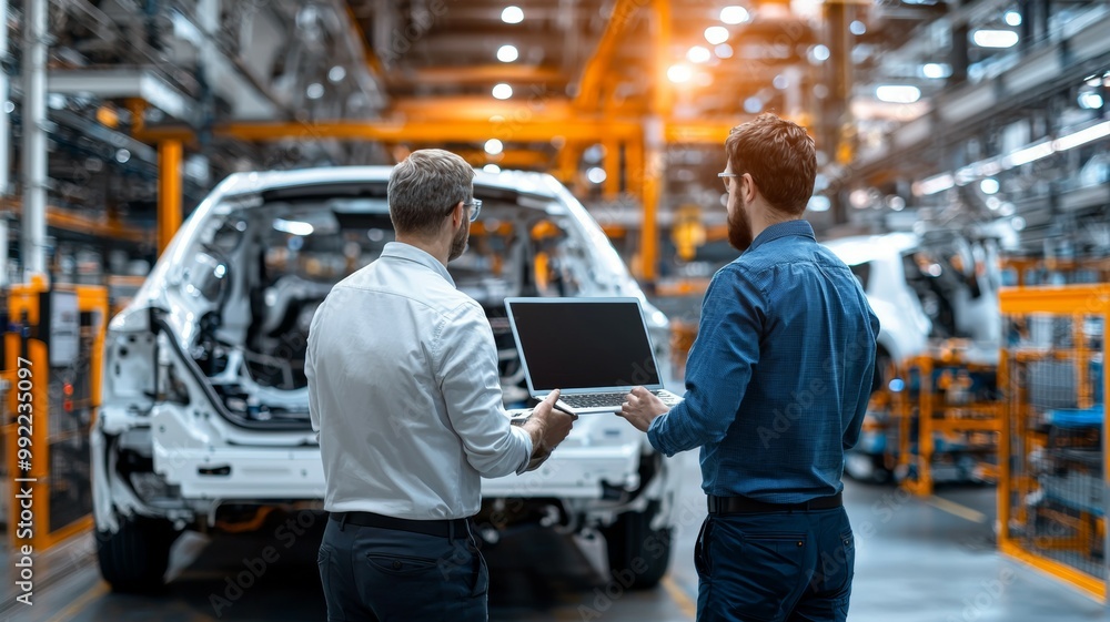 Two men are standing in front of a car, one of them is holding a laptop Two men are standing in front of a car, one of them is holding a laptop