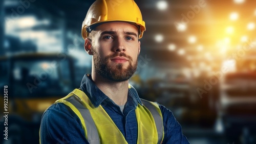 A man wearing a yellow hard hat and a safety vest stands in front of a building