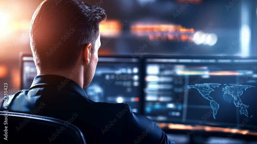 A man is sitting in front of a computer monitor with a globe on the screen A man is sitting in front of a computer monitor with a globe on the screen