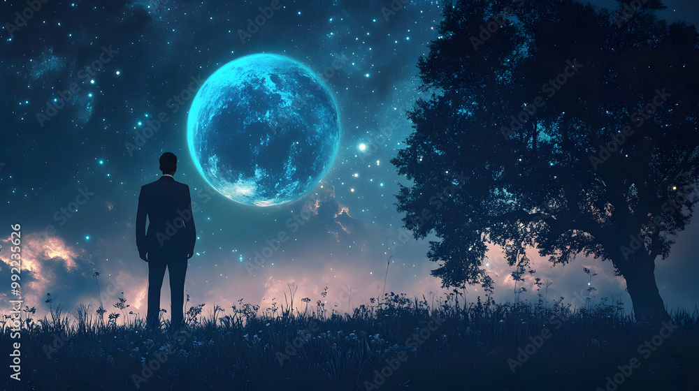 Silhouette of Man Standing in Field Underneath a Large Blue Moon with a Starry Sky Silhouette of Man Standing in Field Underneath a Large Blue Moon with a Starry Sky
