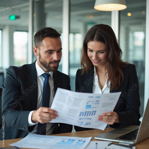 A businessman and a businesswoman engage in a discussion while reading a financial report together. Young business professionals working togeprofessionals working together in a modern finance company.