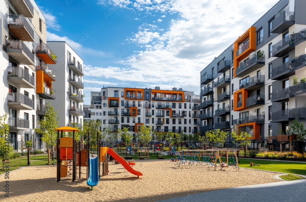 modern apartment buildings with children's playgrounds. In the background, there is a blue sky and green grass. modern apartment buildings with children's playgrounds. In the background, there is a blue sky and green grass.