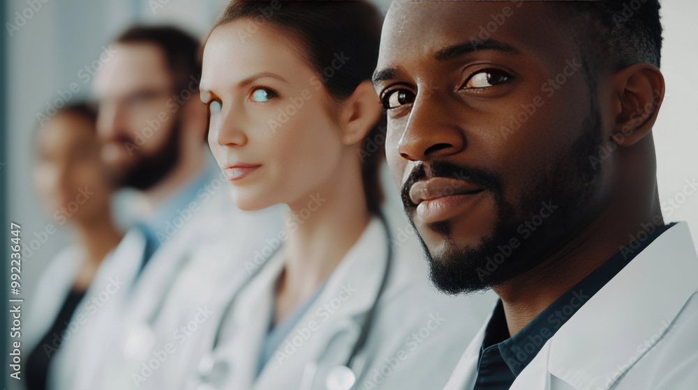 Obraz premium profile view of doctors at hospital african american male doctor goatee smiling wearing medical white coat stethoscope