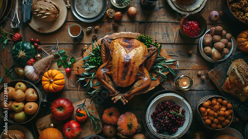 top view of a Thanksgiving dinner table setting