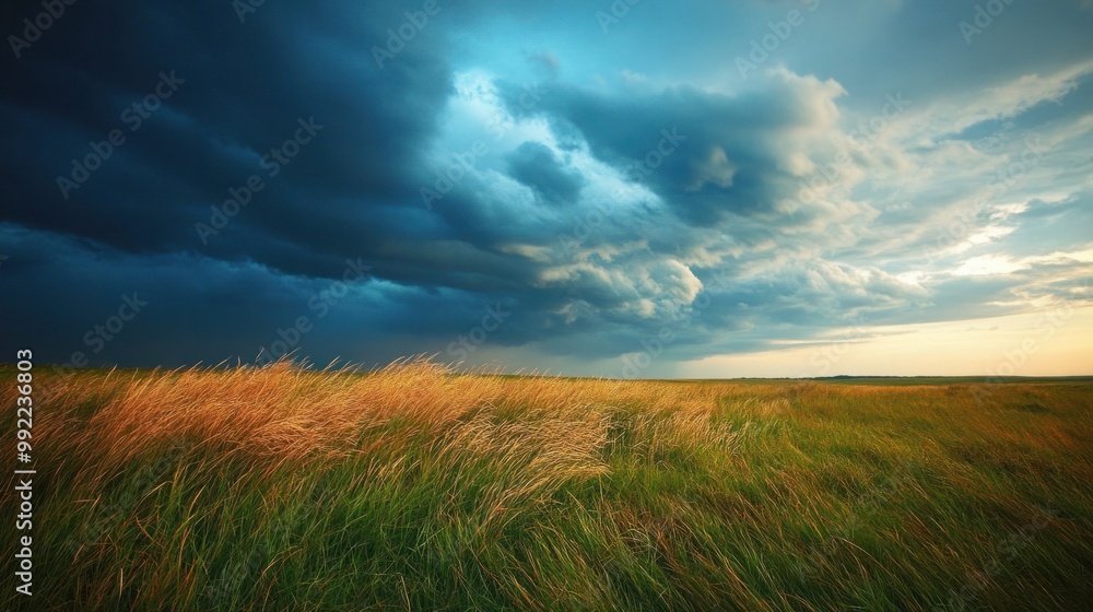 A storm brewing over a wide-open prairie, with tall grass blowing in the wind and dark clouds gathering in the sky. A storm brewing over a wide-open prairie, with tall grass blowing in the wind and dark clouds gathering in the sky.
